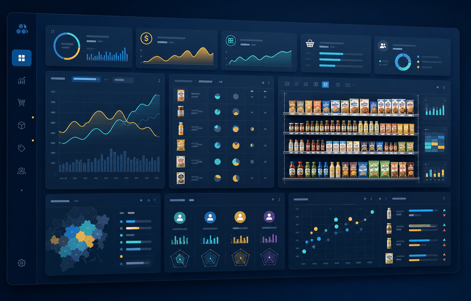 Category management dashboard for grocery retail showing assortment, pricing, shopper insights and shelf optimization analytics